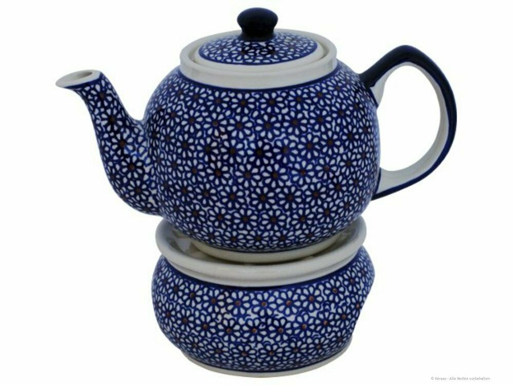 Bunzlauer Keramik Teekanne 1L Teekanne mit Stövchen – Zeitlos, kompakt-bauchige Form, Dekor 120, 1,00 l