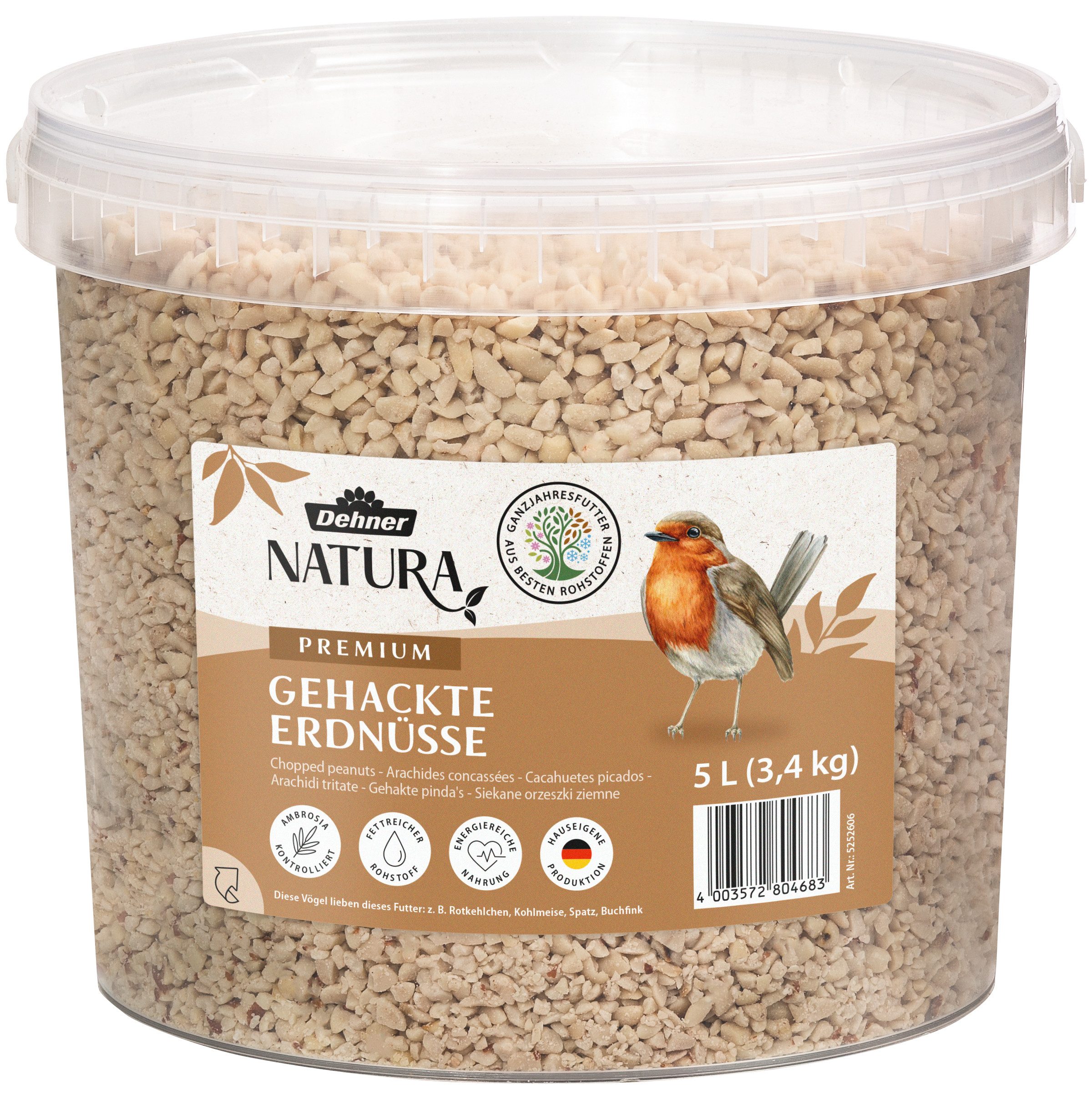 Dehner Natura Erdnusskerne gehackt, im Eimer, Wildvogelfutter schalenfrei, 5l Erdnuss, Ergänzungsfutter für: Wildvogel, Gartenvögel, Premium Fettfutter für Meisen, Rotkehlchen, Spatz, Buchfink