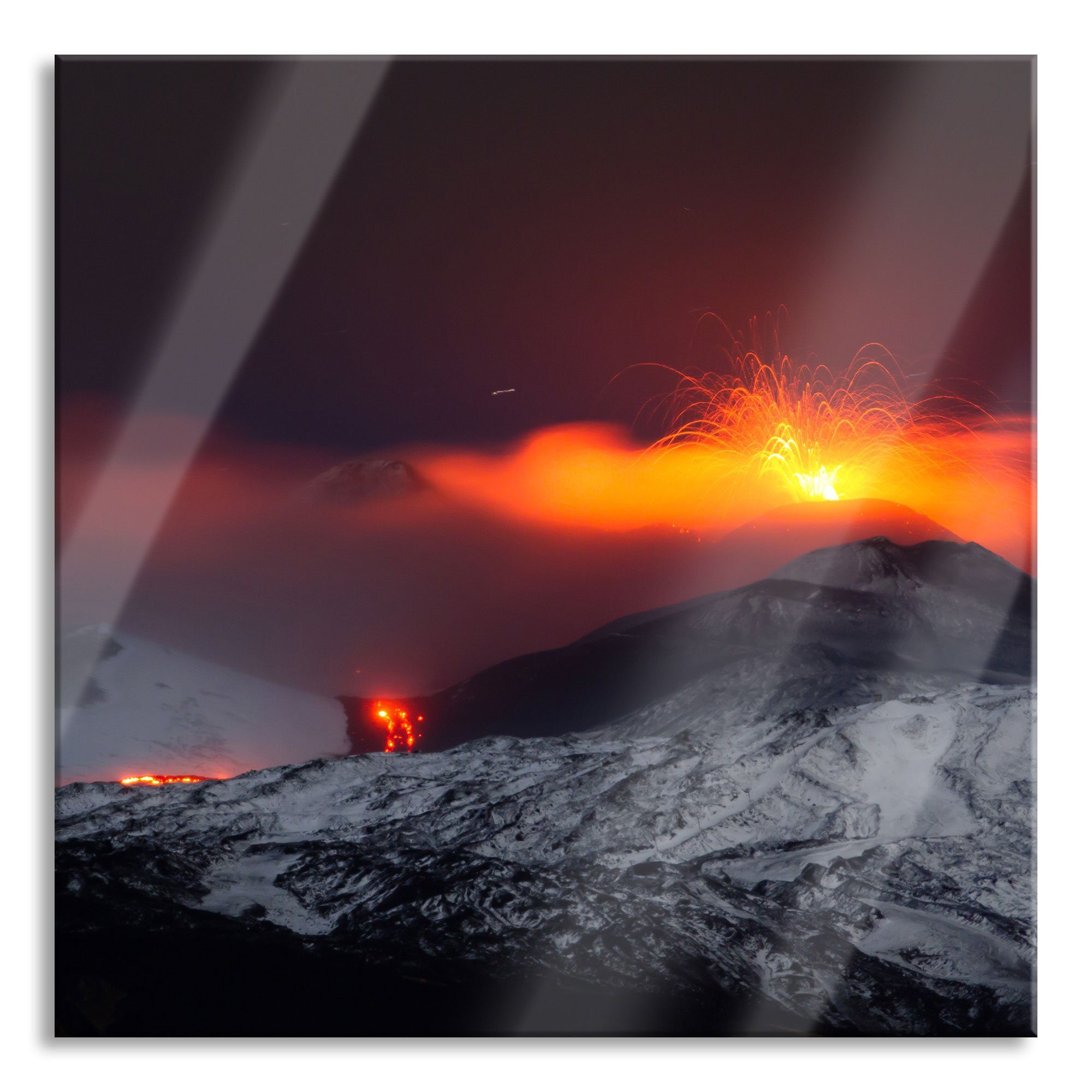 Glasbild aus inkl. (1 Echtglas, Vulkanausbruch und Gefährlicher St), Abstandshalter Aufhängungen Glasbild Gefährlicher Pixxprint Vulkanausbruch,