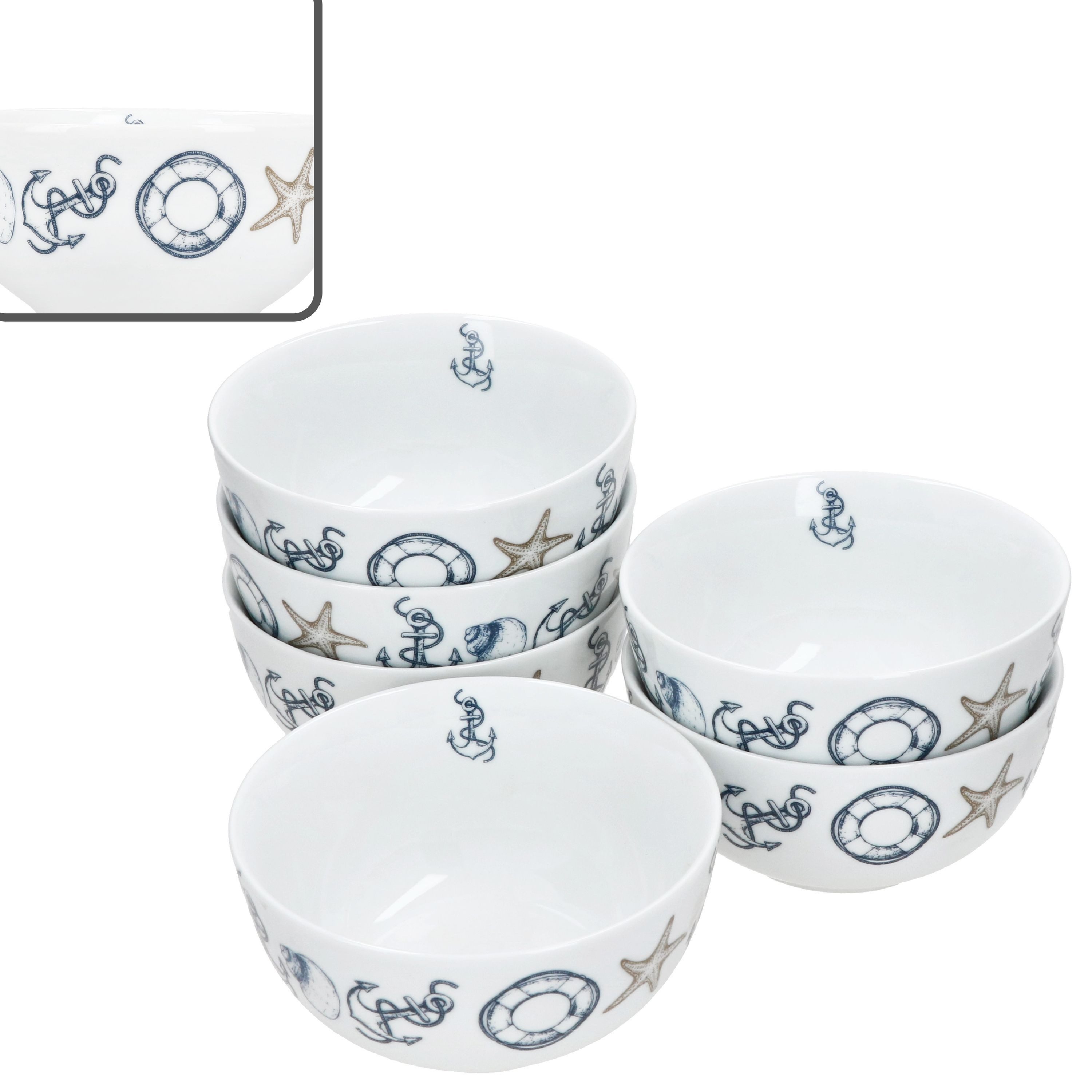 MamboCat Müslischale Neptun 6x Müslischale 14cm Porzellan Dessertschüssel maritim Anker, Porzellan