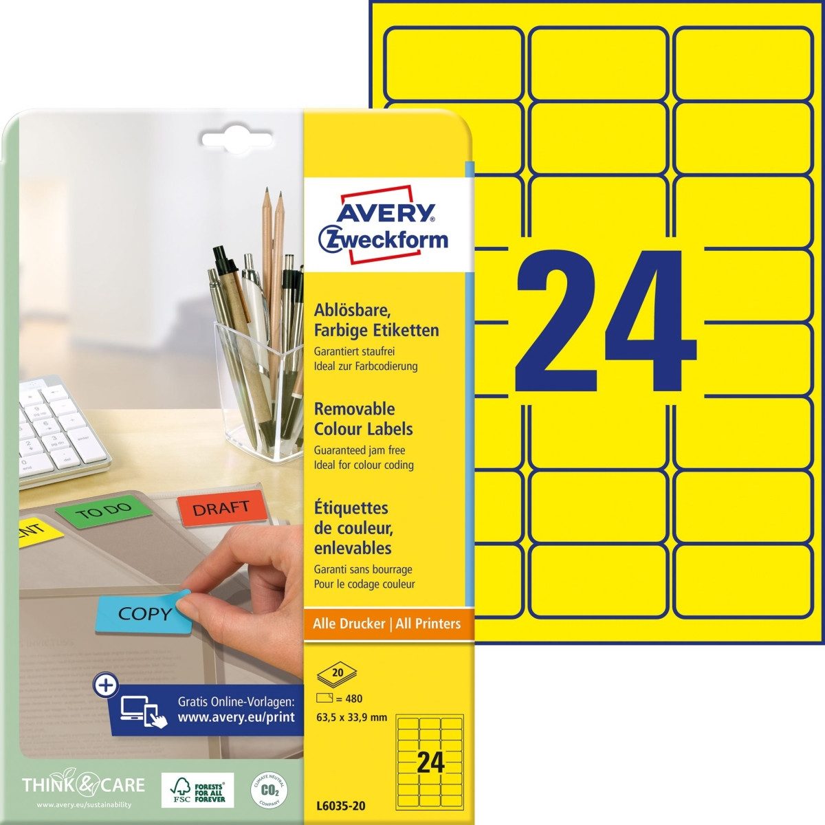 Avery Zweckform Etiketten Etiketten Inkjet/Laser/Kopier 63,5x33,9 mm gelb VE=480 Stück