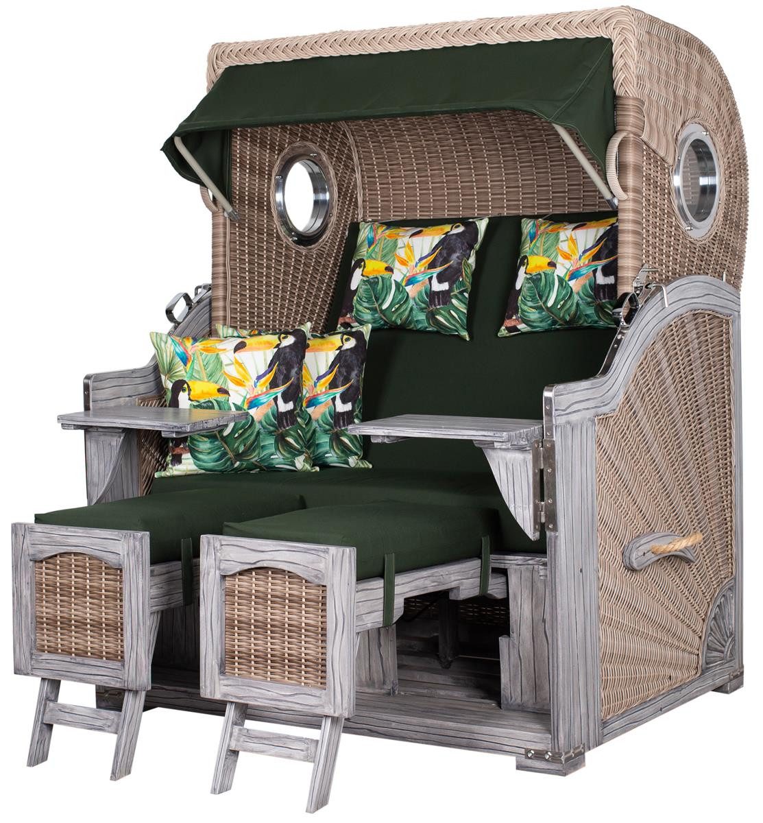 deVries PURE® Strandkorb Seemöwe XL Vintage - PE white kubu - Dessin 244, BxTxH: 140x95x160 cm, Halblieger, Ostsee-Strandkorb, Mahagoniholz - Bullaugen - Kissenausstattung und Schutzhülle