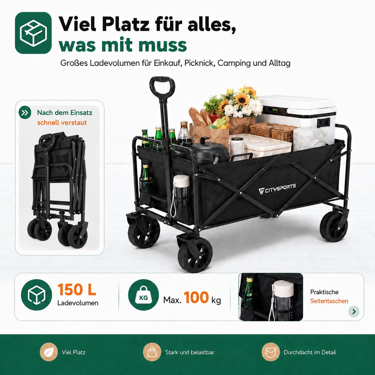 CITYSPORTS Bollerwagen Klappbarer All Terrain 100/150kg faltbar Handwagen für Camping, Strandkarren mit großer Kapazität, für Sport, Einkauf, Camping