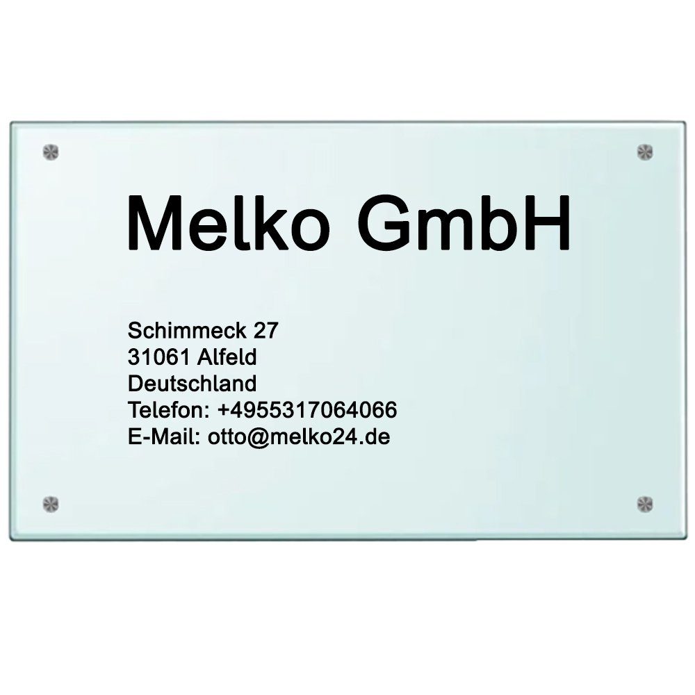 Melko Hinweisschild Praxisschild Firmenschild Werbeschild aus Sicherheitsglas Milchglas, (Stück, 1 St., Schild), Glaskanten umlaufend sauber poliert