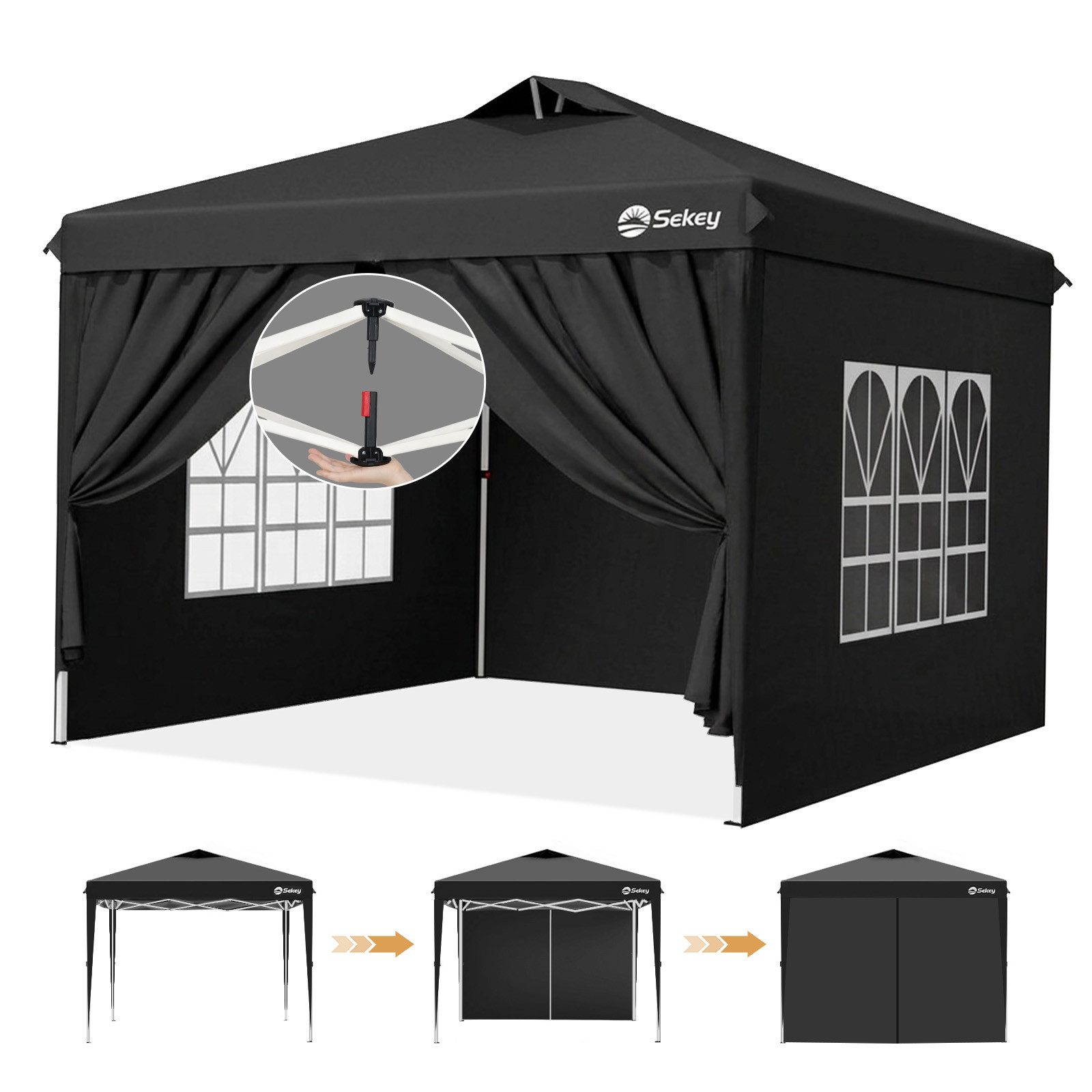Sekey Pavillon 300 x 300 cm mit Seitenteile Faltpavillon Gartenpavillon Winterfest, mit 4 Seitenteilen, (inkl. 4 Seitenteile), Partyzelt höhenverstellbarer, Gartenpavillon Pop Up Partyzelt