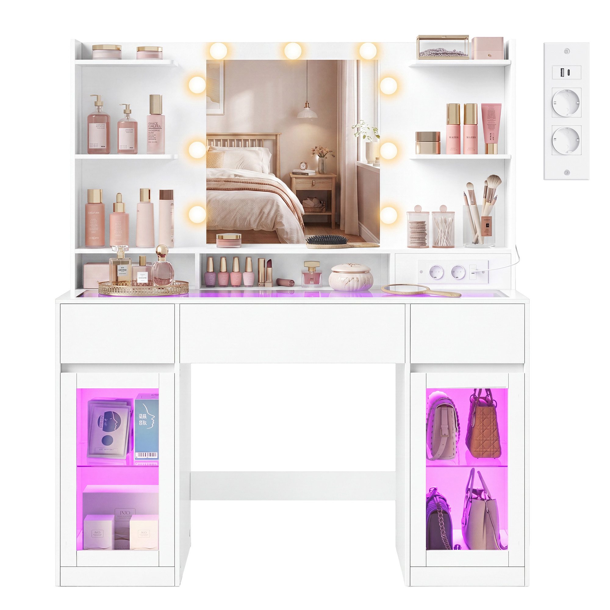 VASAGLE Schminktisch mit Spiegel, RGB-Beleuchtung und Steckdose, 107 x 40 x 144,5 cm (1 Tisch), Holzspanplatte und Glas, mit 2 Schränken, Weiß, für Schlafzimmer