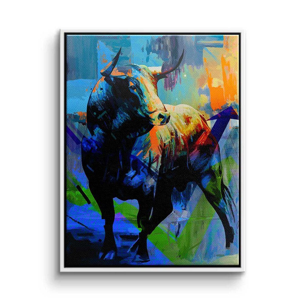 DOTCOMCANVAS® Leinwandbild, Premium Leinwandbild - Motivation - Colorful Bull - Trading weißer Rahmen