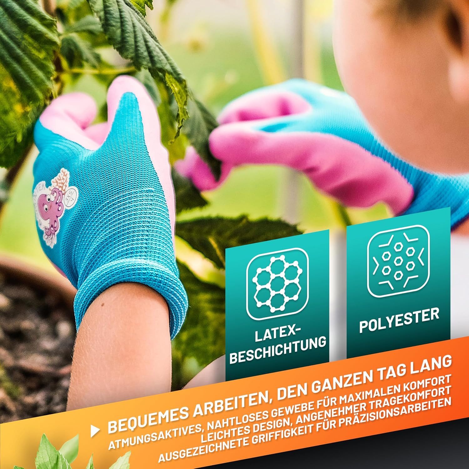 GRÜNTEK Gartenhandschuhe Kinder-Sicherheitsgartenhandschuhe, rutschfeste Latexbeschichtung (Set, 8-St., 4 Paar Größe XS / 6) bunt, geprüft und zertifiziert nach EN 420 & EN 388