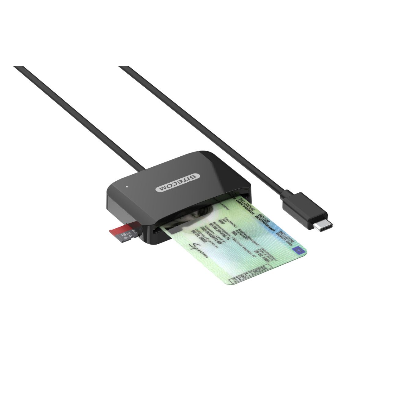 Sitecom Personalausweisleser MD-1002, USB-C-Ausweisleser mit eID-Unterstützung und MicroSD-Kartensteckplatz