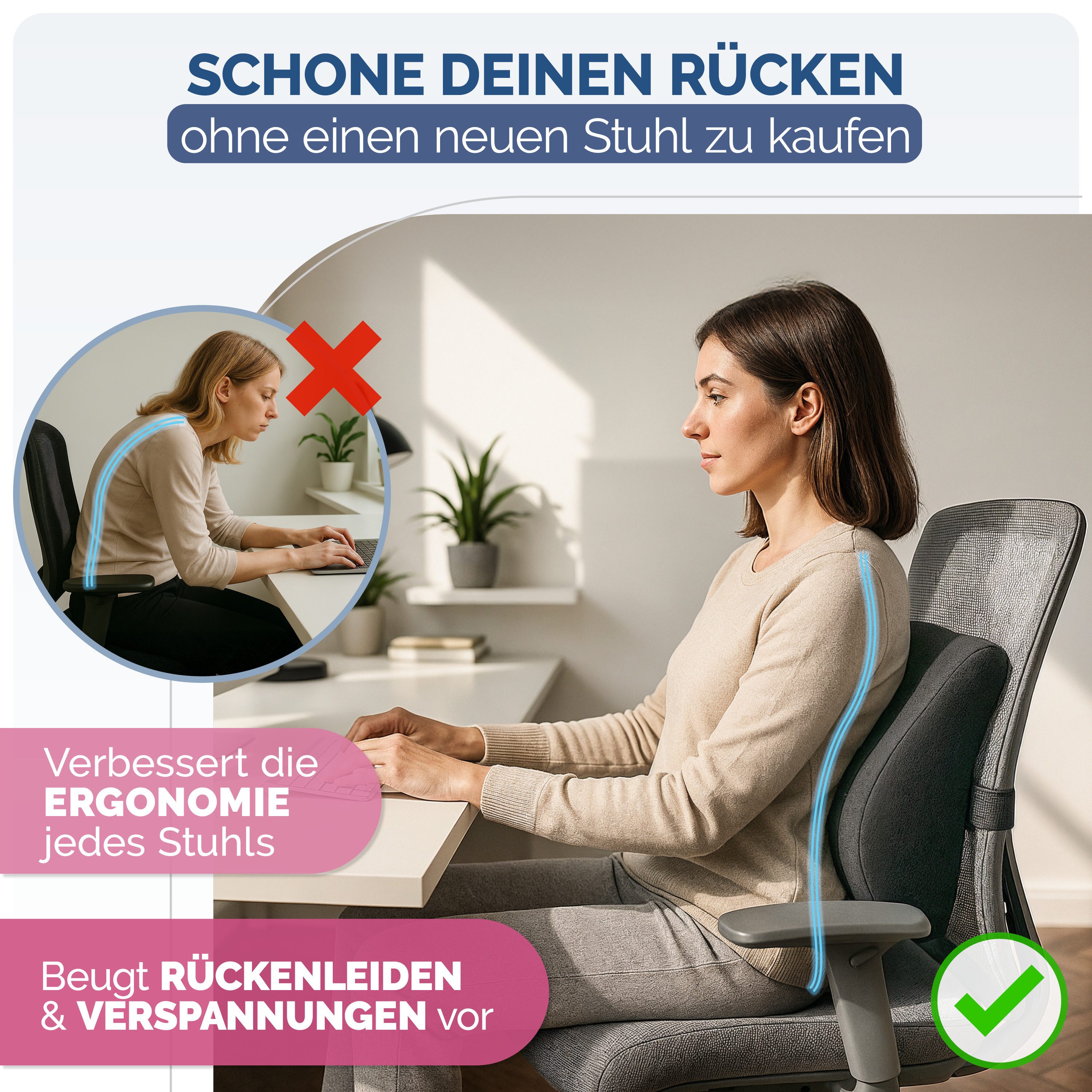 Blumtal Rückenkissen Rückenkissen aus Memory Foam + stützendes Lendenwirbelkissen, OEKO-TEX zertifiziertem Bezug - Rückenstützkissen