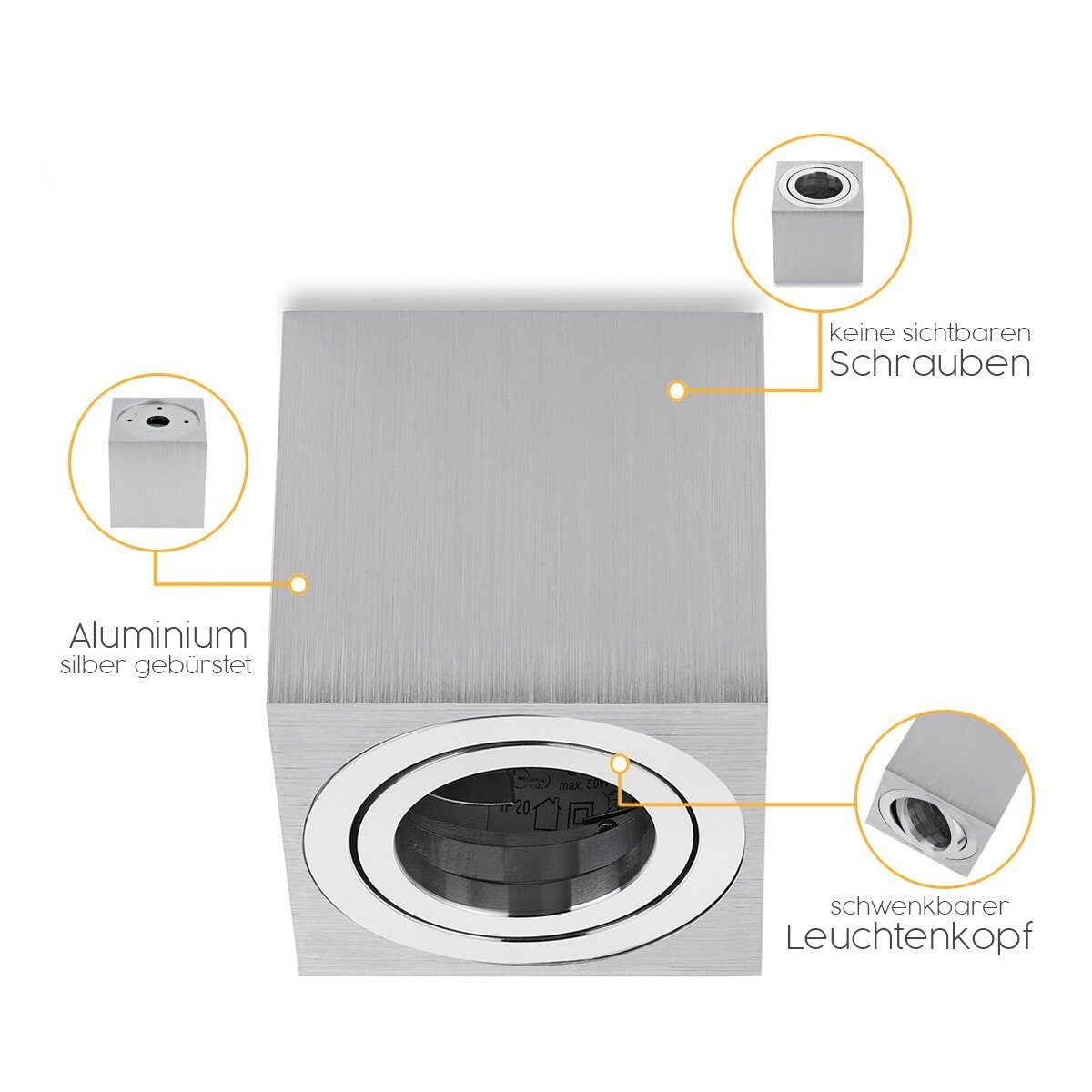 Sweet LED LED Deckenspots GU10 Aluminium Aufbauspot eckig 7W schwenkbar 230V, Leuchtmittel wechselbar, Warmweiß, Deckenaufbauleuchte, Aufbaustrahler, schwenkbar – Bild 5 von 5