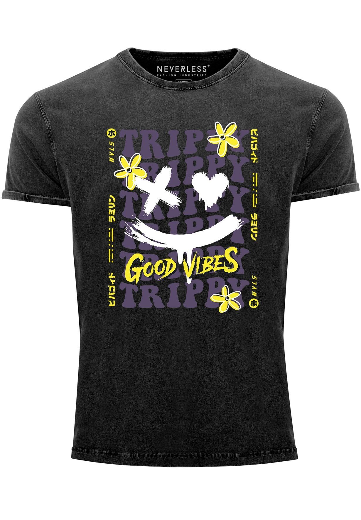 Neverless Print-Shirt Herren Vintage Shirt Drip Face Smile Good Vibes Herz Blumen Collage Pr mit Print schwarz-lila