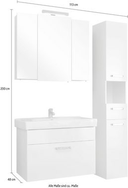 Saphir Badmöbel-Set Quickset 3-teilig, Keramik-Waschtisch mit LED-Spiegelschrank, Bad-Set, (4-St), mit Hochschrank, 5 Türen, 2 Schubladen, Waschplatz inkl. Türdämpfer