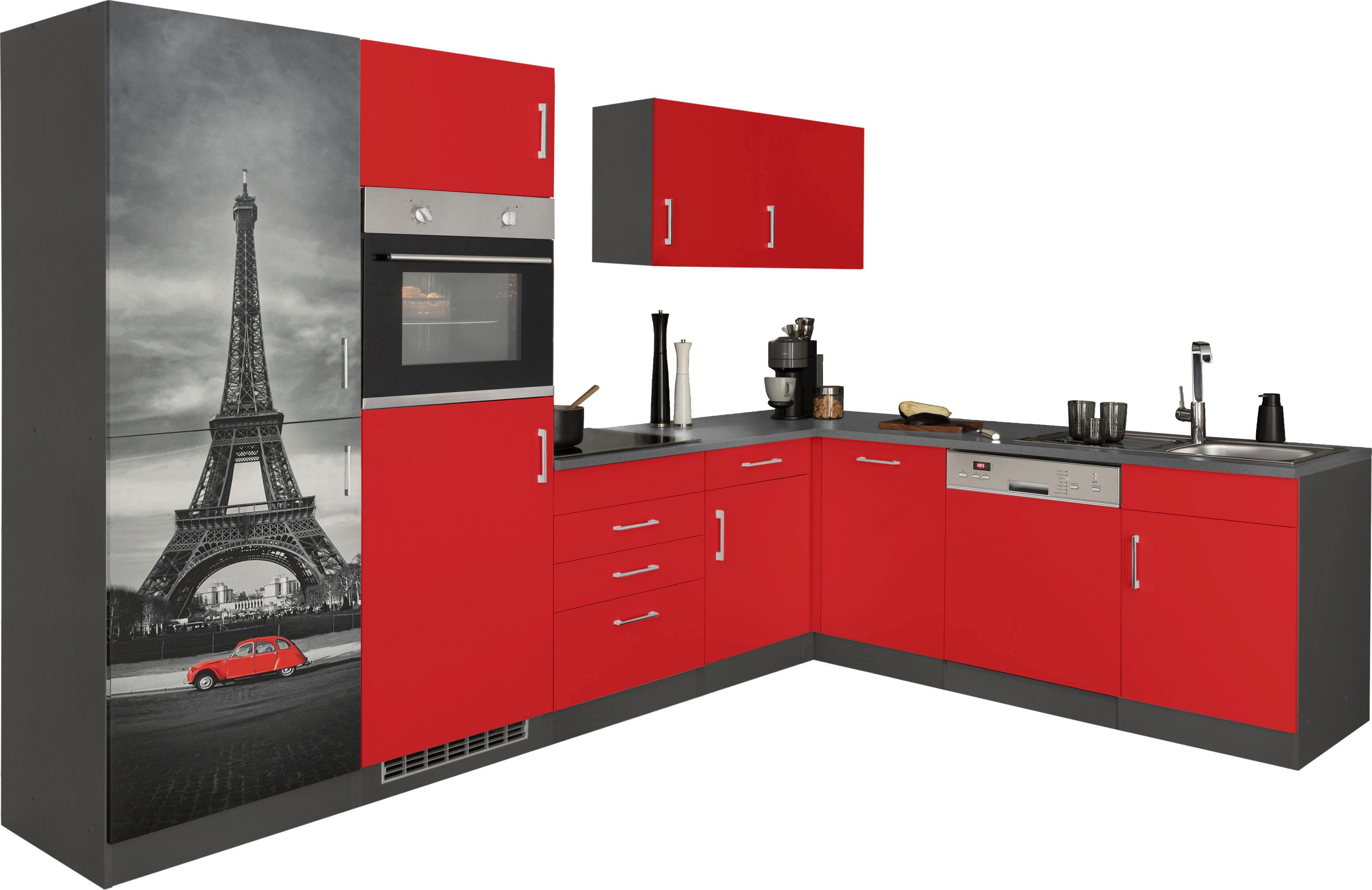 KOCHSTATION Küchenzeile KS-Paris – Küchen mit einzigartigen Fotomotiven auf den Fronten, Stellbreite 290/220 cm, wahlweise mit E-Geräten und Induktion