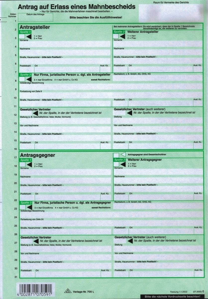 Formularblock Vordruck Mahnbescheid EDV neutral VE=10 Stück