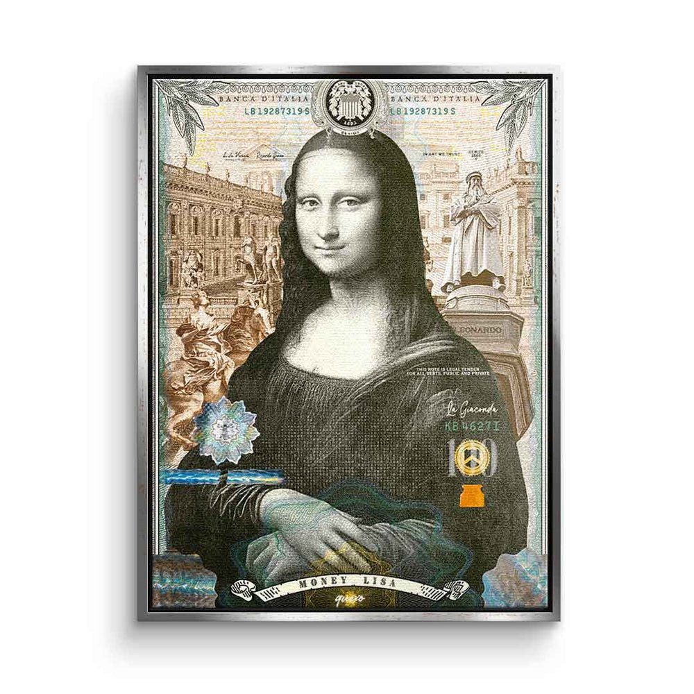 DOTCOMCANVAS® Leinwandbild, Mona Lisa Leinwandbild Money Lisa Porträt Pop Art silberner Rahmen