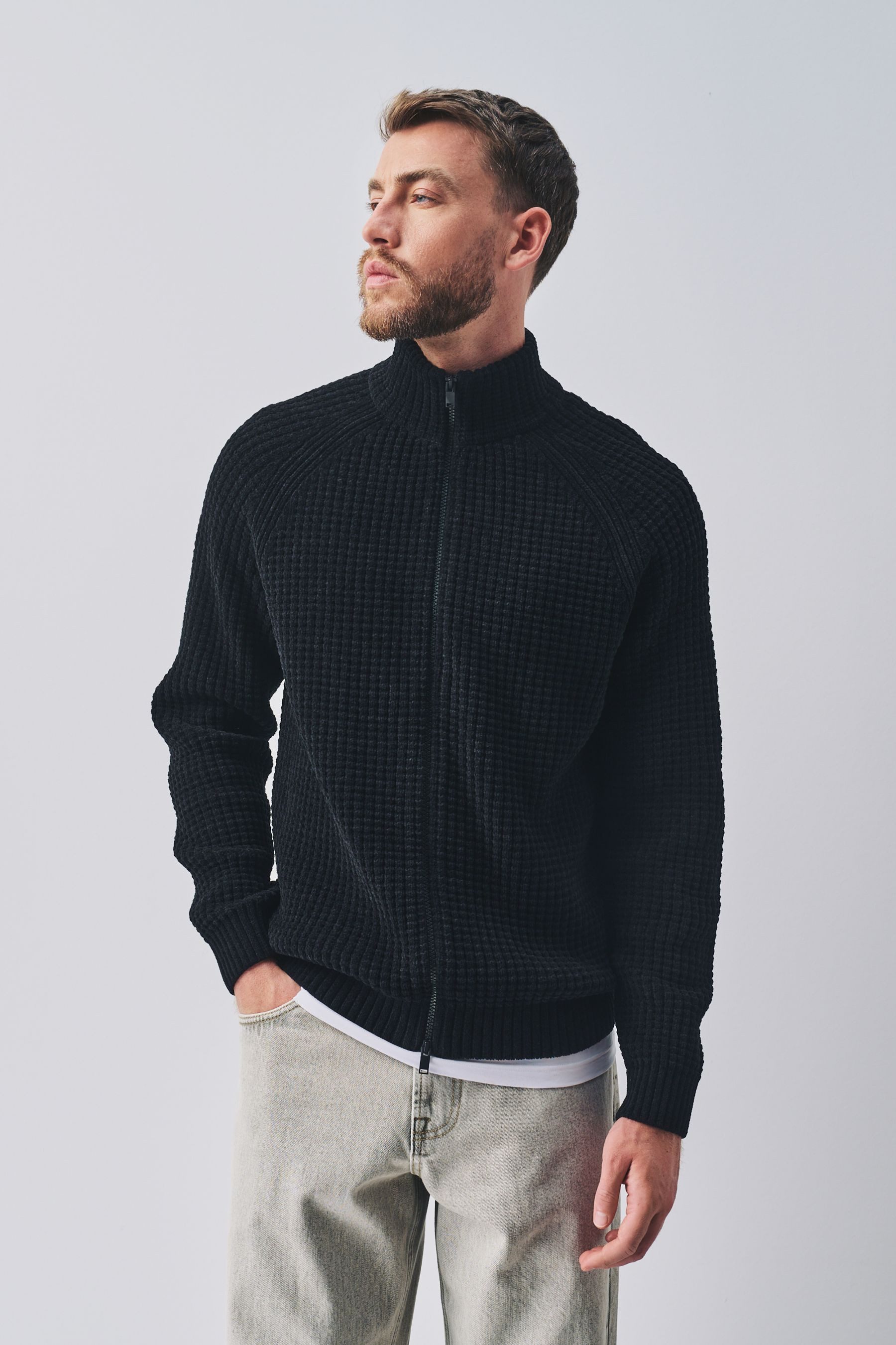 Next Troyer Chenille-Pullover mit Waffelstruktur und RV-Kragen (1-tlg)