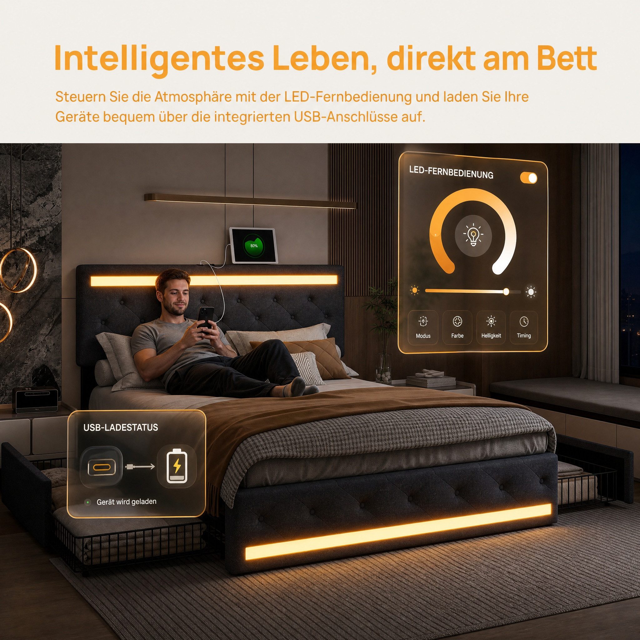 PXloue Polsterbett LED Doppelbett 140x200cm mit Ladefunktion und 4 Schubladen Polsterbett (Geeignet für Jugendliche und Erwachsene), Stauraumbett, mit RGB-LED,  – Bild 4 von 5