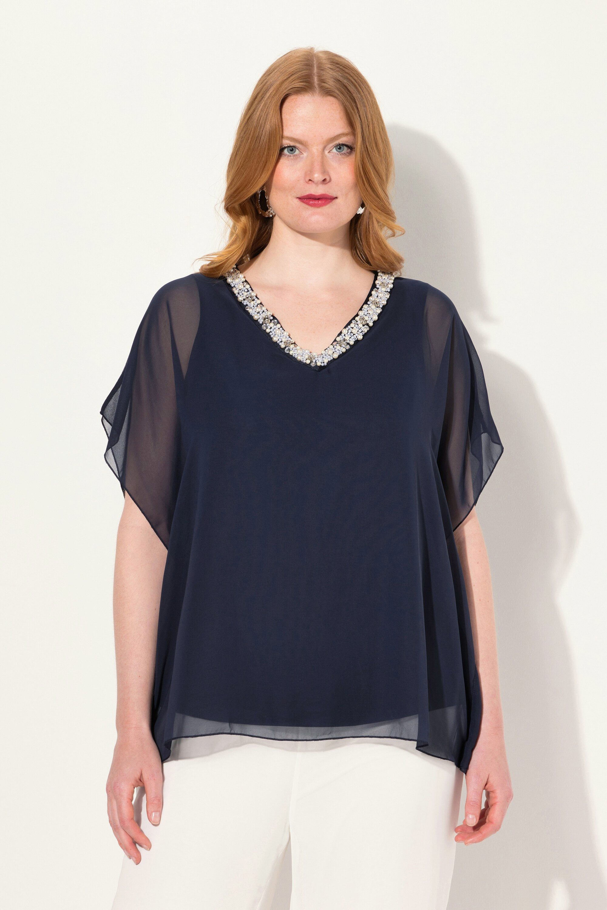 Ulla Popken Longbluse Chiffonbluse doppellagig V-Ausschnitt günstig online kaufen