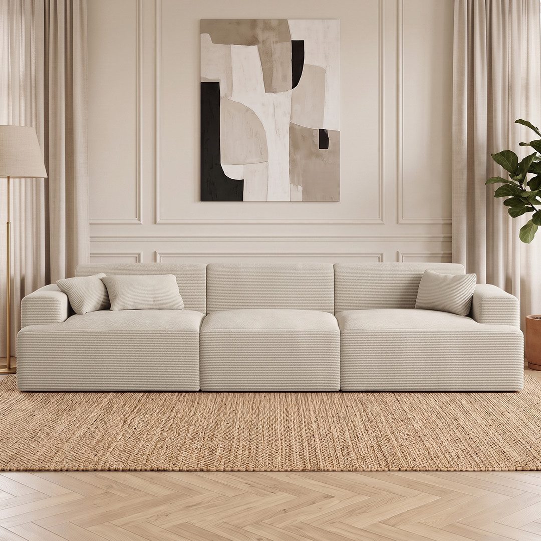 skølm Sofa Freki aus Cord, Vollschaumcouch mit Federkern und Vakuum-Kompression, Beige, Couch 3 Sitzer mit 3 Kissen, kein Aufbau erforderlich, 230 cm breit, gepolstert, vakuumiert