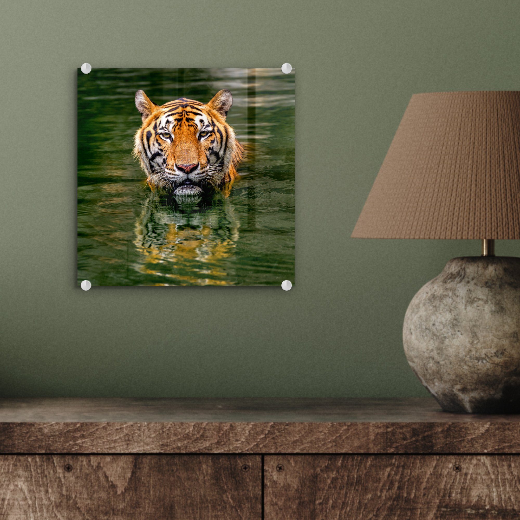 Wandbild Wanddekoration Glas Tiger Foto im - auf MuchoWow Glasbilder Bilder Glas Wasser, - Acrylglasbild (1 St), - auf
