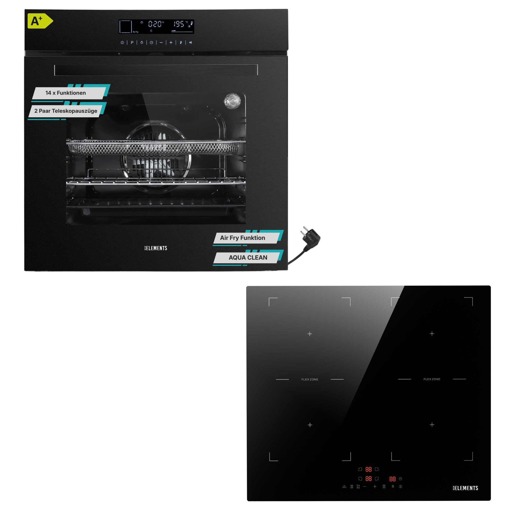 KB Elements Induktions Herd-Set Einbaubackofen 60 cm mit 4-Zonen Induktionskochfeld 60 cm, mit 2-fach-Teleskopauszug, AQUA CLEAN, Einbaubackofen Full Touch mit 15 Funktionen, doppelte Flexzone