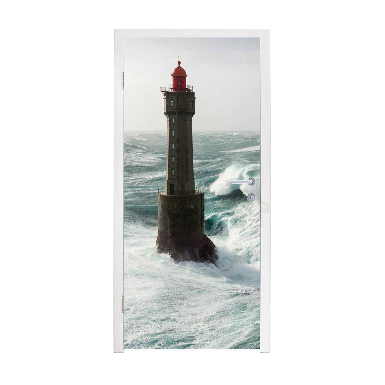 MuchoWow Türtapete Eine Welle hinter dem Leuchtturm von La Jument in Frankreich, Matt, bedruckt, (1 St), Fototapete für Tür, Türaufkleber, 75x205 cm