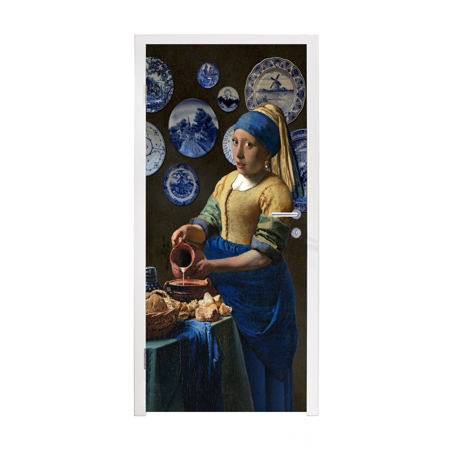 MuchoWow Türtapete Milchmädchen - Das Mädchen mit dem Perlenohrring - Vermeer, Matt, bedruckt, (1 St), Fototapete für Tür, Türaufkleber, 75x205 cm