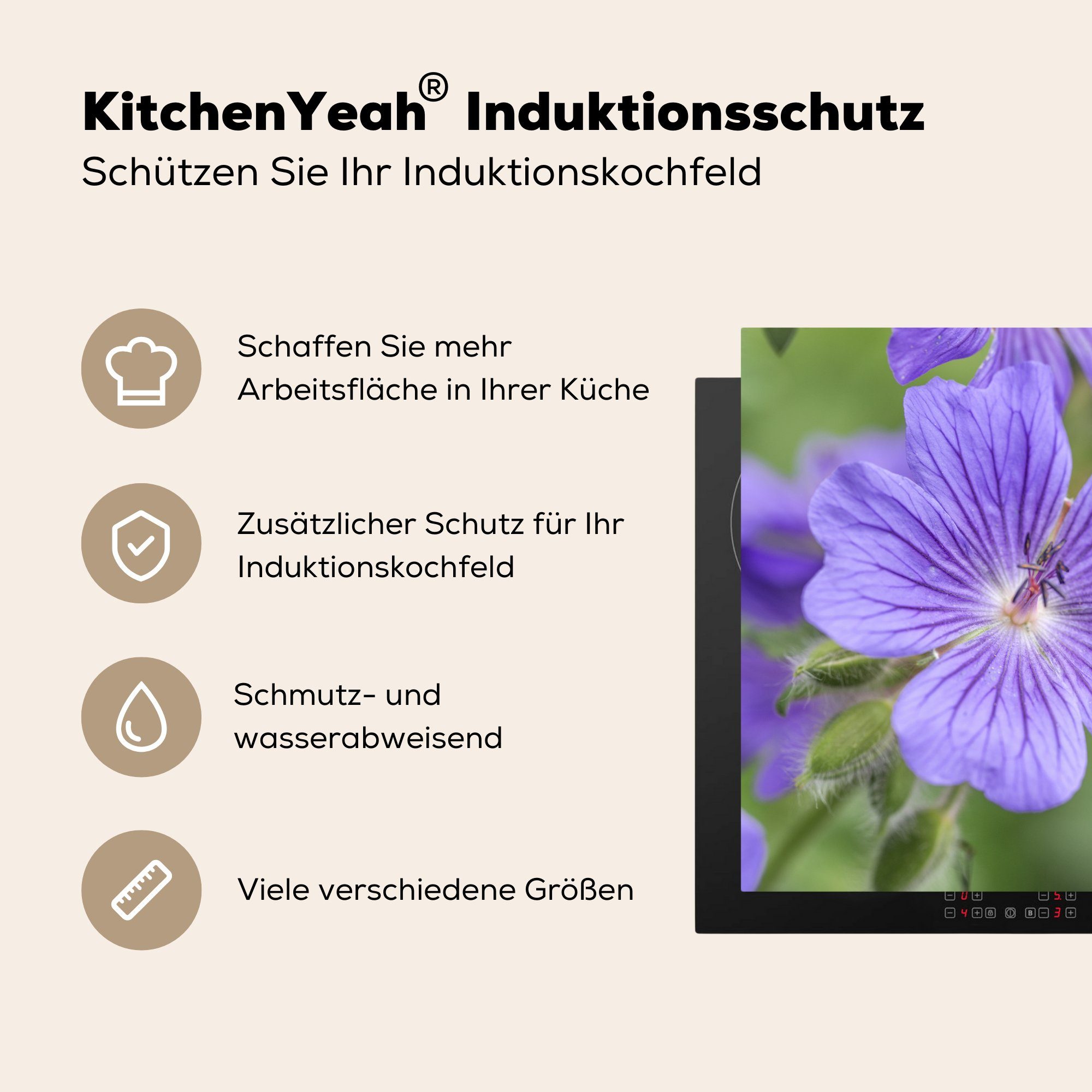 MuchoWow küche Blüte, Ceranfeldabdeckung, Herdblende-/Abdeckplatte (1 cm, in Vinyl, für 78x78 voller tlg), Geranien Violette Arbeitsplatte