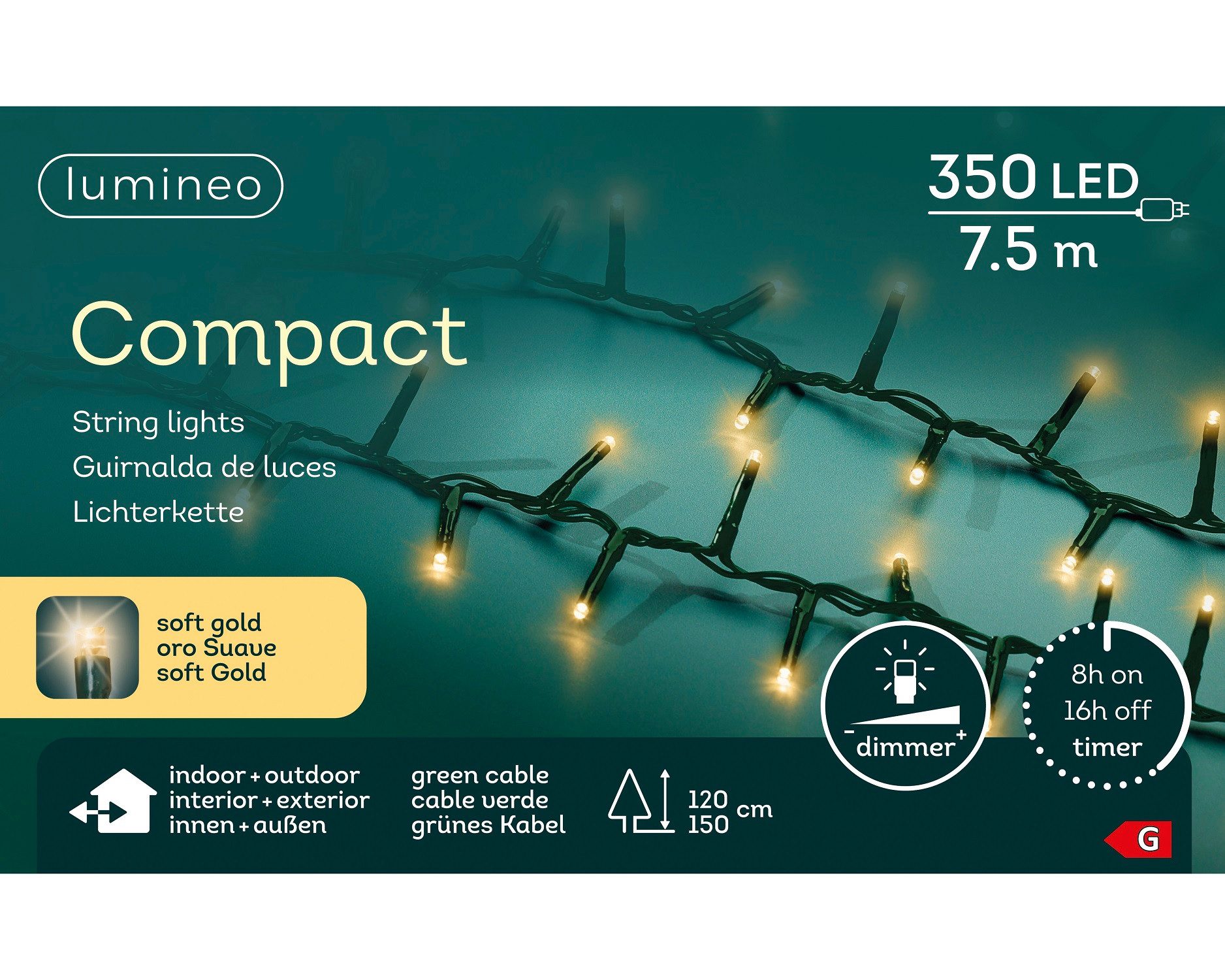 Lumineo LED-Lichterkette Lumineo Lichterkette COMPACT 350 LED 7,5 m, Soft Gold, grünes Kabel, Indoor/Outdoor, dimmbar, 8h-Timer, 5 m Zuleitung