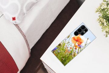 MuchoWow Handyhülle Blumen - Mohn - Frühling - Natur - Rot - Blau, Phone Case, Handyhülle Samsung Galaxy S22 Ultra, Silikon, Schutzhülle