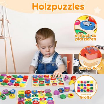 POPOLIC Lernspielzeug 2 in 1 Fädelspiel und Holzpuzzle, Spielzeug ab 2 3 Jahre (Montessori Spielzeug ab 1 Jahr, Puzzle ab 1 2, Holzspielzeug), Kinderspielzeug Motorikspielzeug, Geschenk Mädchen Junge