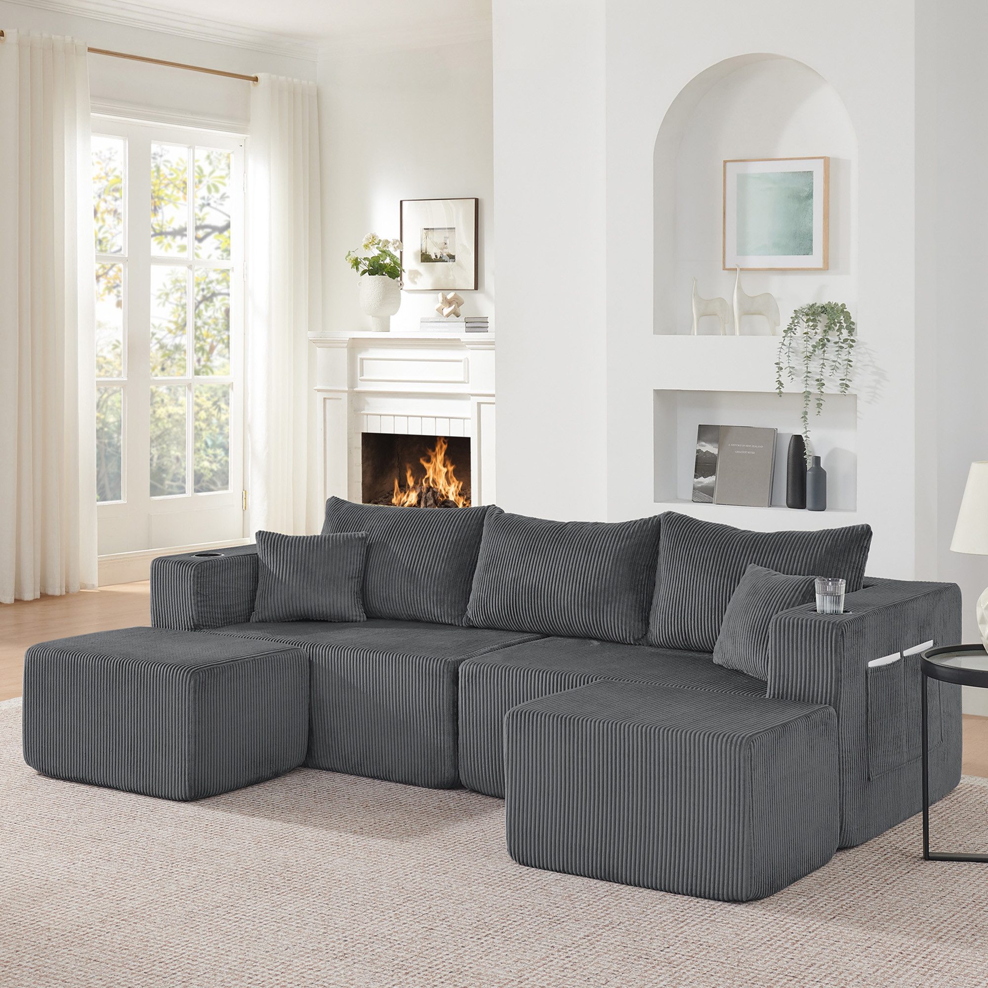 Odikalo Sofa Ecksofa mit Schlaffunktion & Ottomans, Modulares Sofa, komprimiertes L-Form Sofa mit beweglichen Ottomanen, weicher Cordstoff, Getränkehalter, Seitentasche und Kissen, geeignet für Wohnzimmer, Hotels und Mietwohnungen