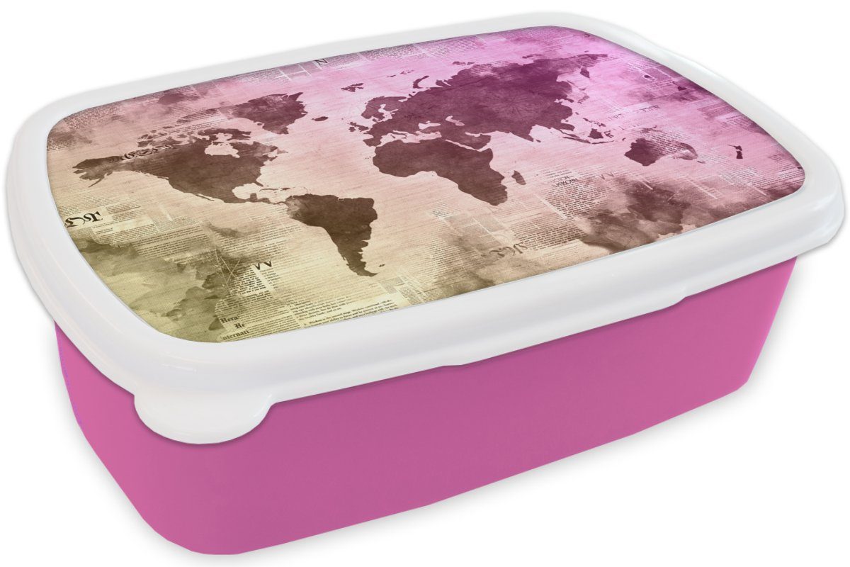 Lila, rosa - Snackbox, Kunststoff MuchoWow Weltkarte Brotdose für Gelb Brotbox Kunststoff, Kinder, Lunchbox (2-tlg), - Mädchen, Erwachsene,