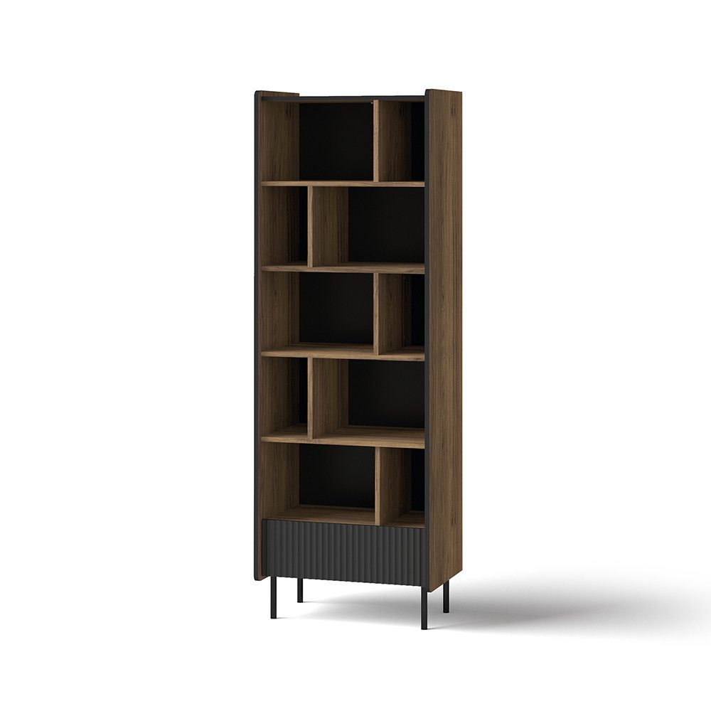Compleo Bücherregal mit Schublade COMO, Hochregal modern, Hohe Beine, Schwarz/Nussbaum