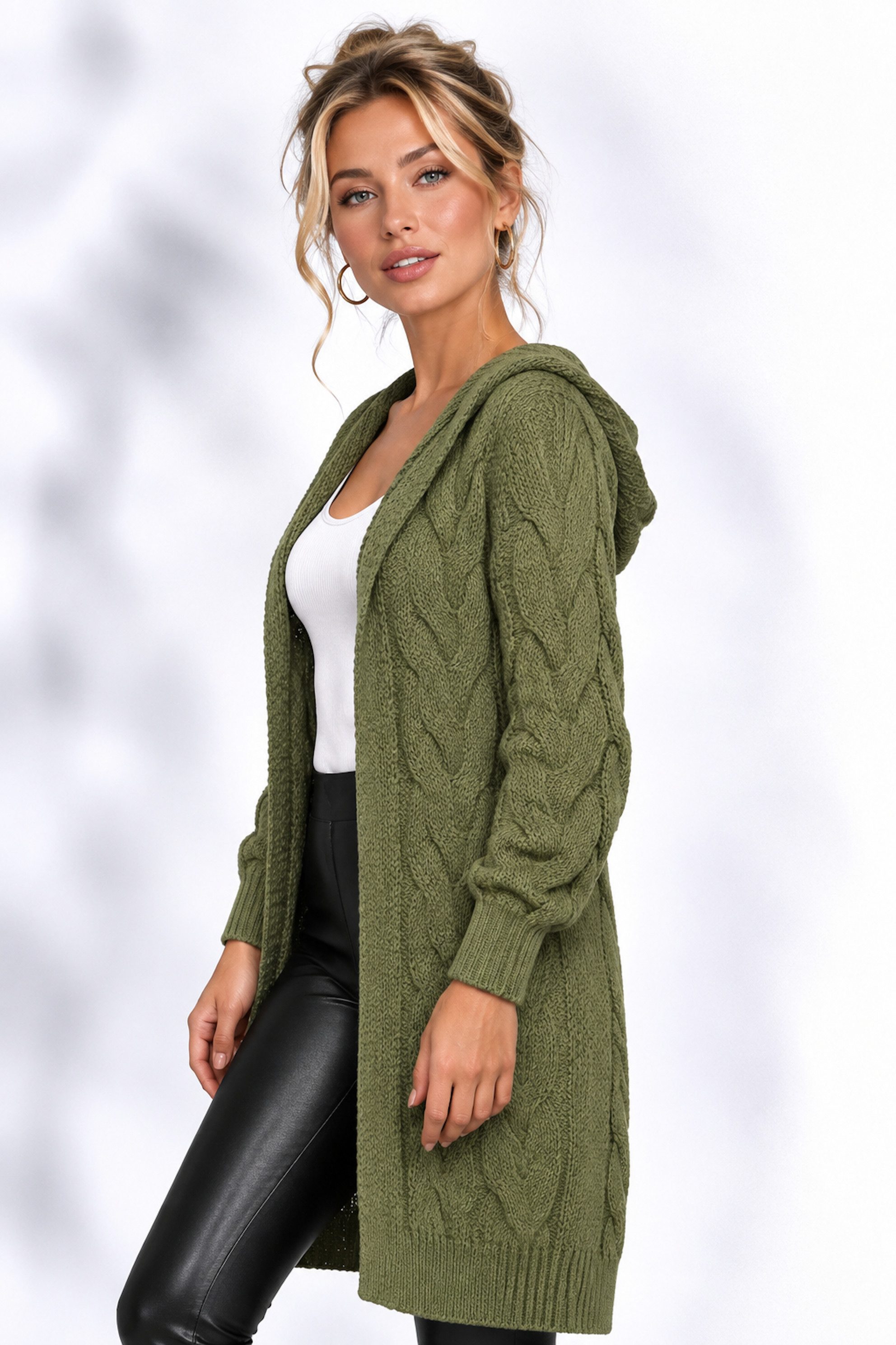 Worldclassca Kapuzenstrickjacke Worldclassca lange Strickjacke Zopfmuster Cardigan Kapuze Bolero Neue Kollektion - Stilvolle und gemütliche Strick Mode für Dame – Bild 2 von 3