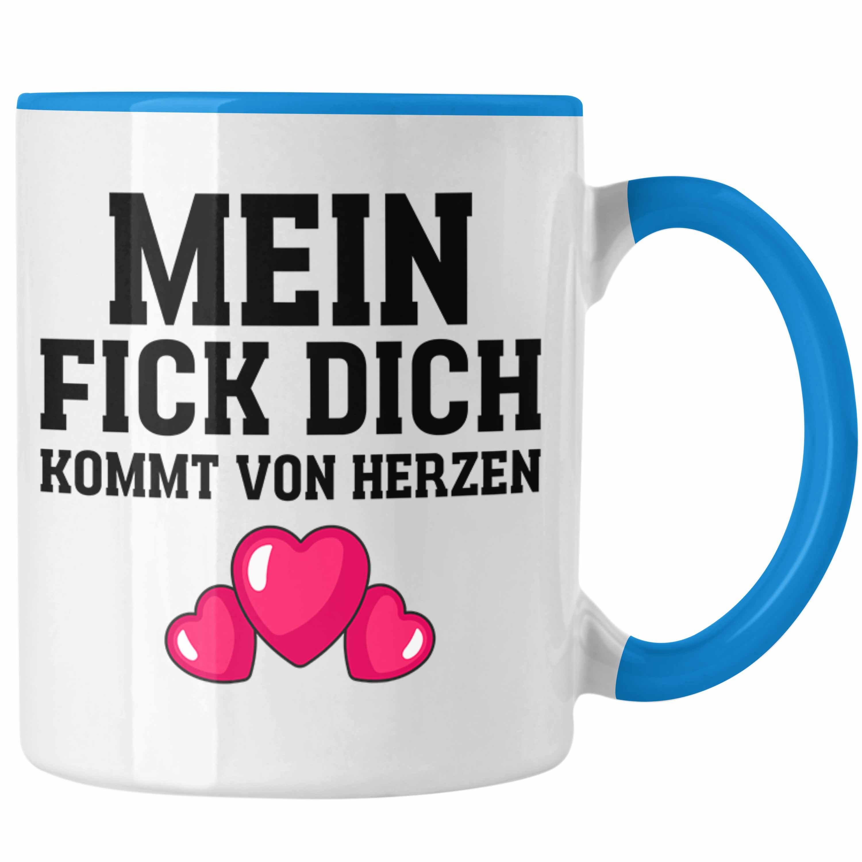 Trendation Tasse Trendation - Mein F Dich Kommt Von Herzen Lustige Tasse mit Spruch Büro Kollege Kollegin Witzige Kaffeetasse Blau