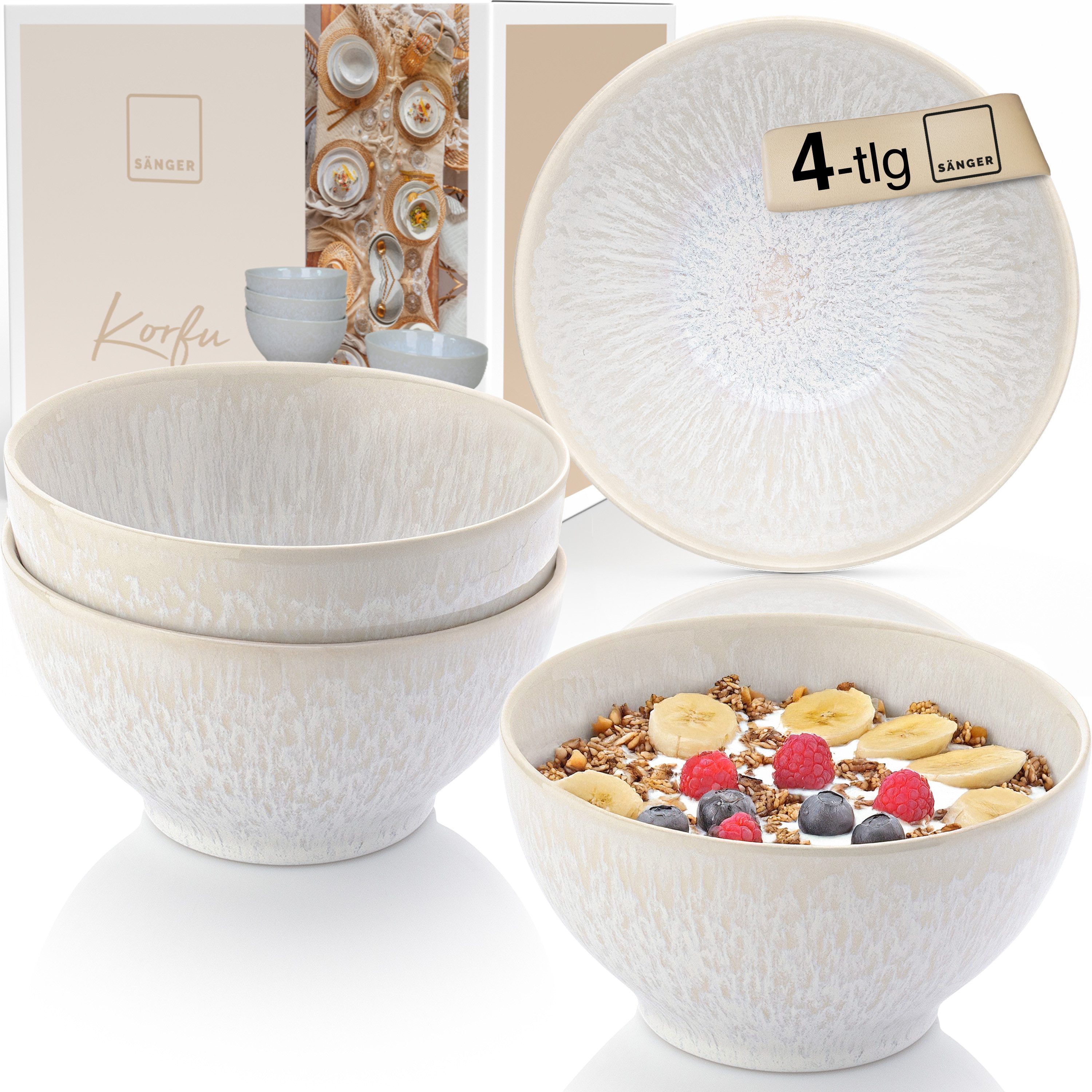 SÄNGER Tafelservice Korfu Geschirrset (4-tlg), 4 Personen, Steingut, Müslischalen, Steingut, Creme Farben, Handmade, Premium Collection