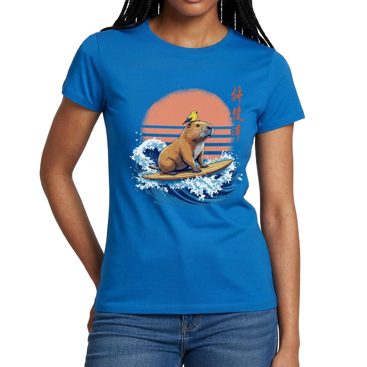Spreadshirt T-Shirt Surfendes Capybara, Capybara Auf Welle Frauen T-Shirt (1-tlg)