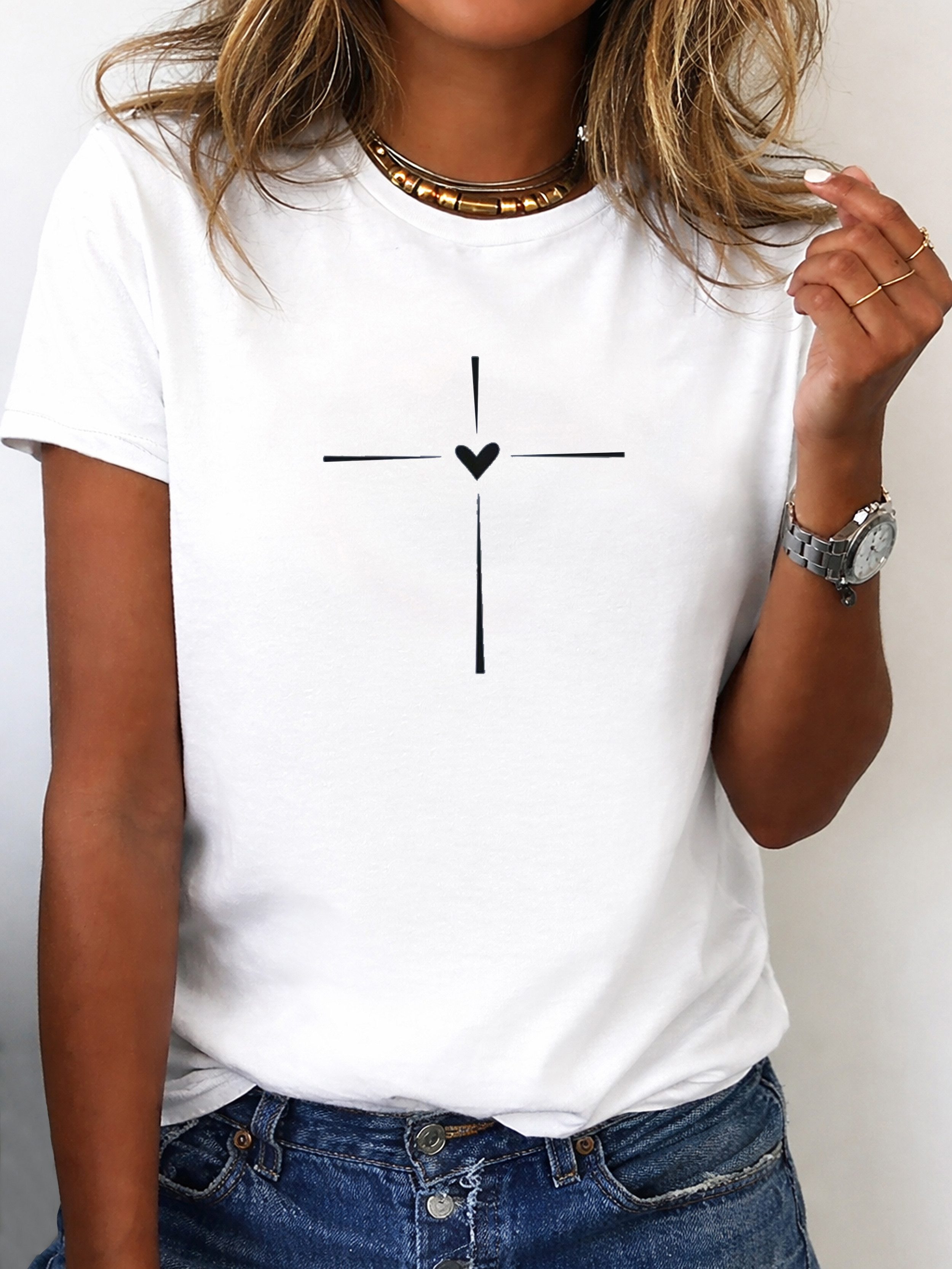 RMK T-Shirt Damen Shirt Classic Basic Kreuz Herz aus Baumwolle