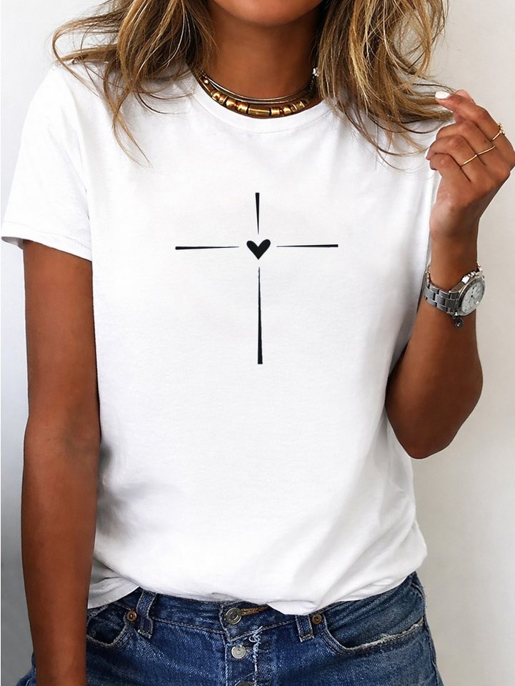 RMK T-Shirt Damen Shirt Classic Basic Kreuz Herz aus Baumwolle