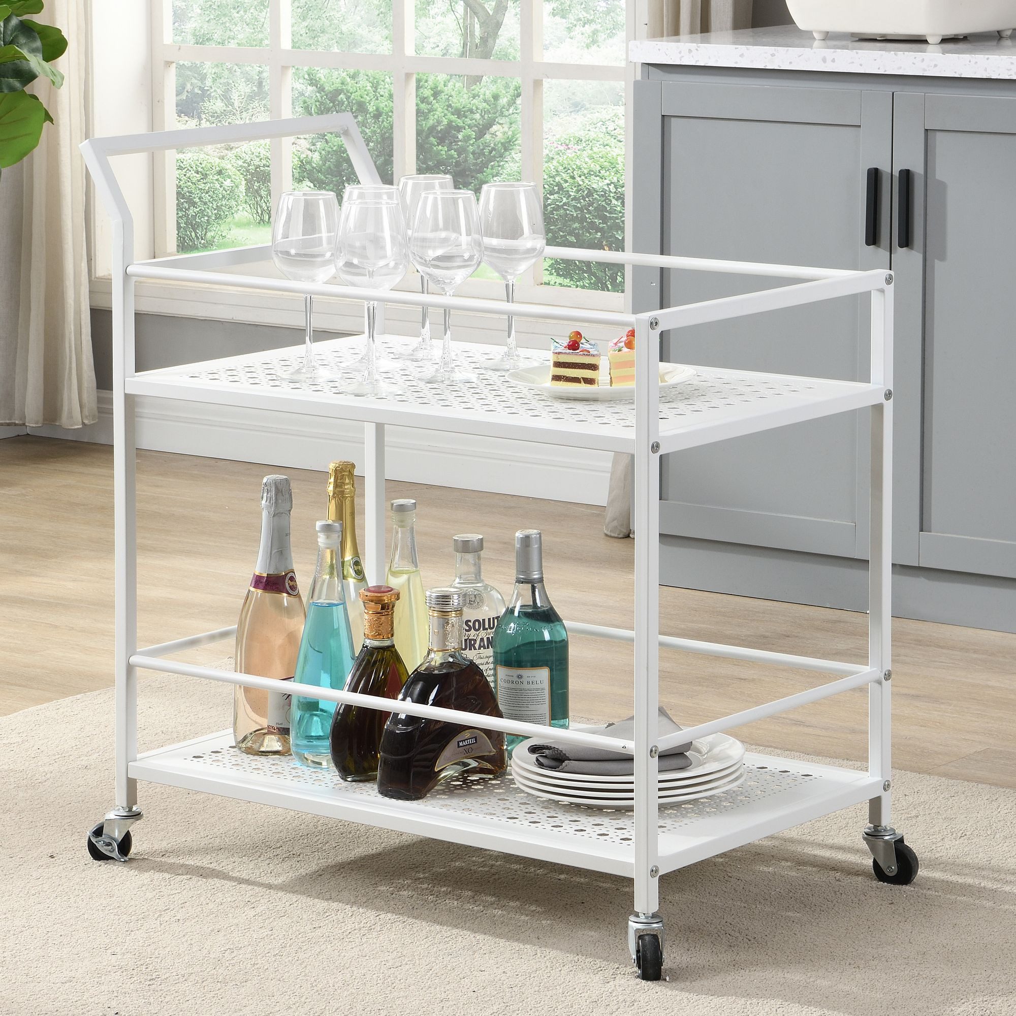 Wohnling Servierwagen Metall Weiß 2 Ebenen mit Rollen Küchenwagen Barwagen WL7.322, (79x45x83 cm Küchenwagen 2 Ebenen Metall Rechteckig), Speisewagen Küche Weiß, Teewagen auf Rollen