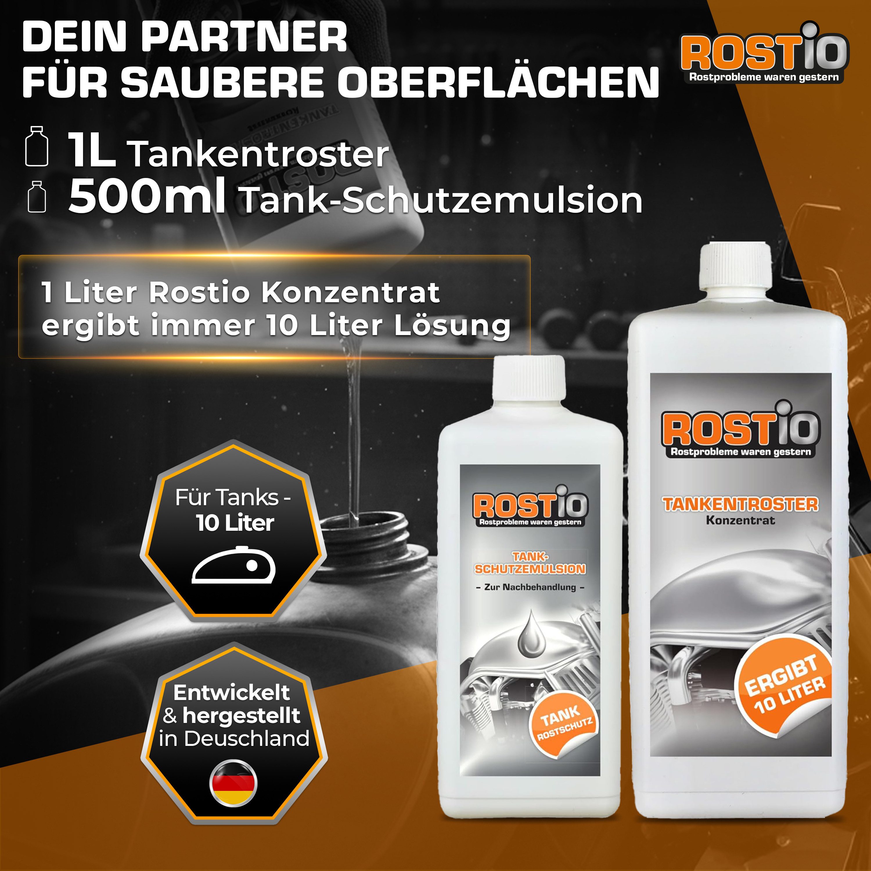 Rostio Tankentroster Set - 1 Liter Konzentrat + 500ml Tank Schutzemulsion Rostentferner