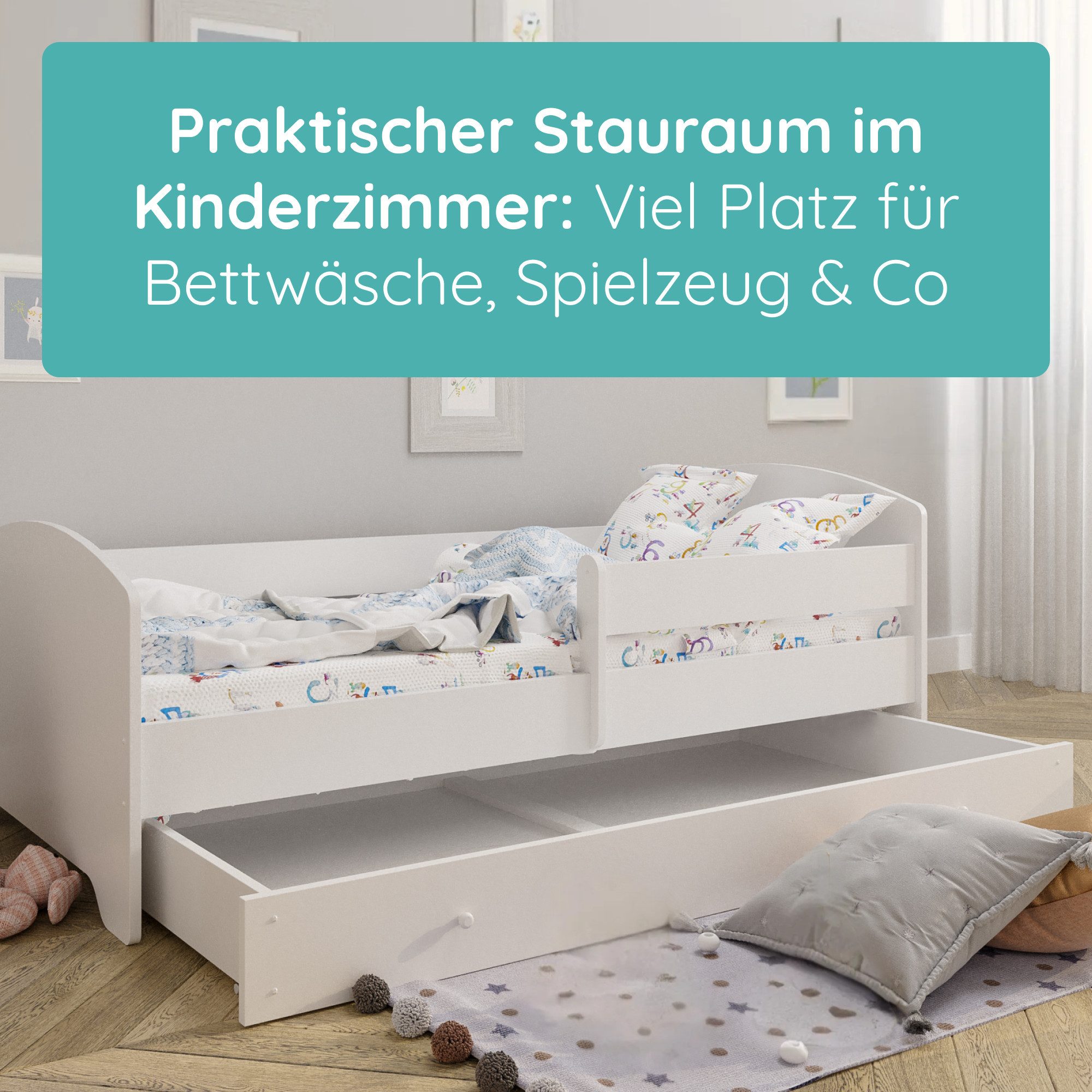 Kids Collective Kinderbett 70x140 / 80x160 cm Komplettset mit Matratze & Schublade (Bett für Jungen und Mädchen, Einzelbett für Kinder von 2 - 10 Jahren), kompl – Bild 4 von 5