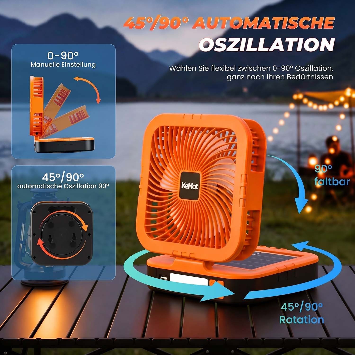 kehot Standventilator Solar Campingventilator mit 90° Oszillation und LED-Licht, USB-C aufladbar mit 4 Windstufen, Timer und Powerbank