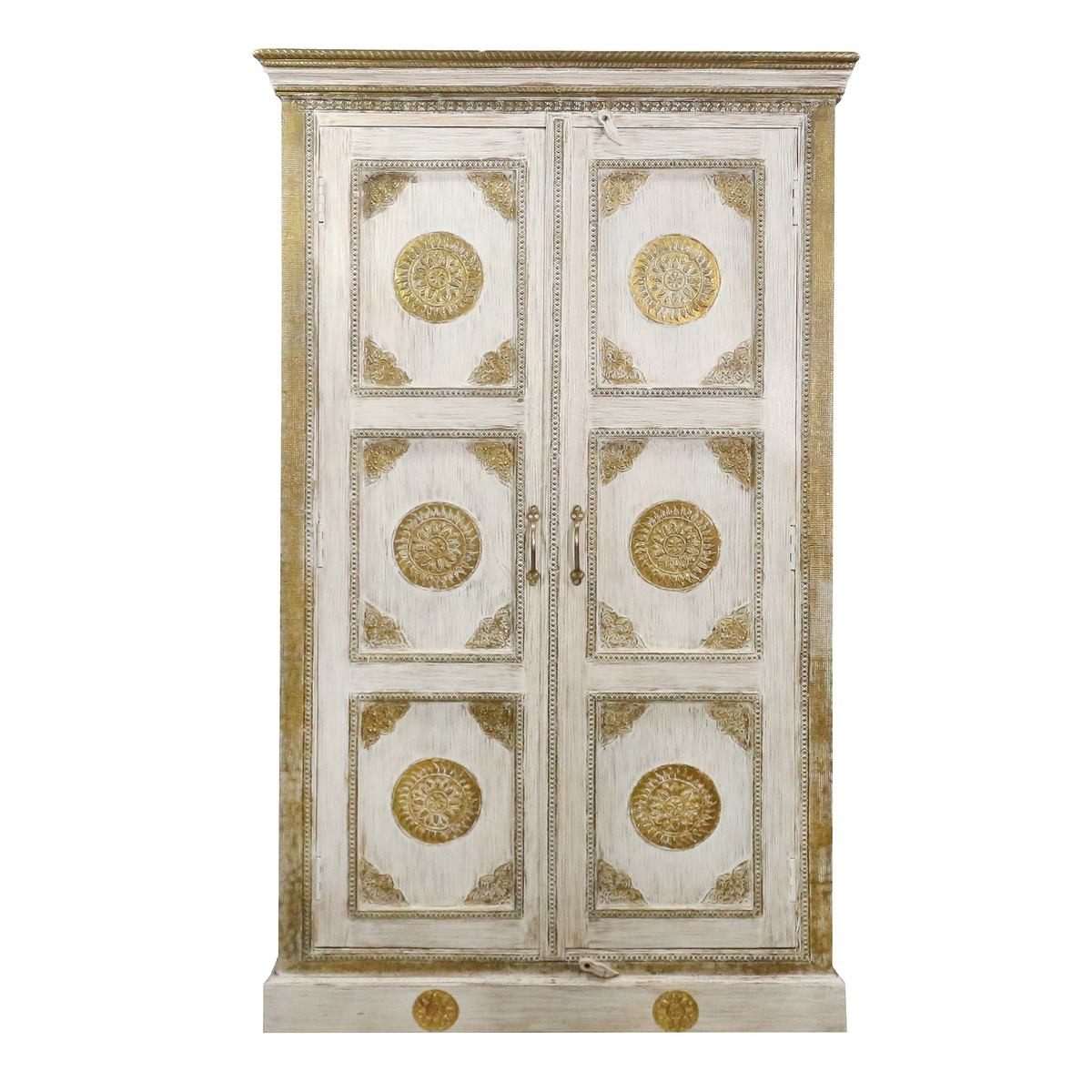 Oriental Galerie Mehrzweckschrank Weiß Gold Schrank Karan Indien 150 cm Orientalischer Schrank, Massivholz, Wohnzimmerschrank, Schlafzimmer
