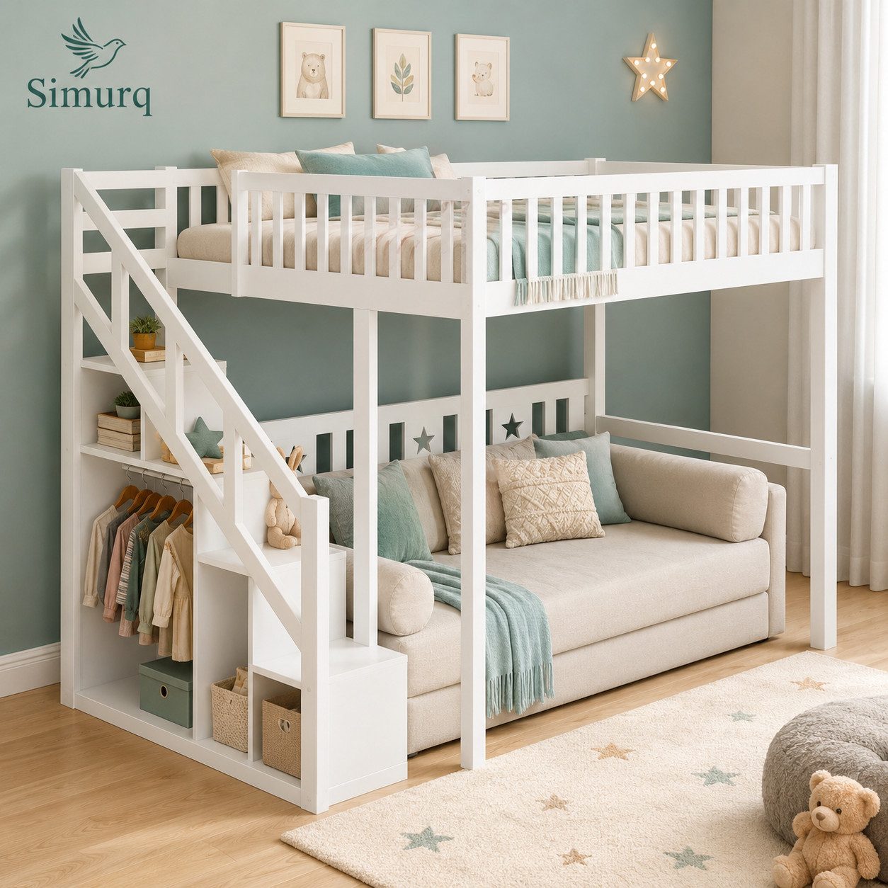 Simurq Hochbett 140x200 cm Weiß mit Treppe & Rausfallschutz
