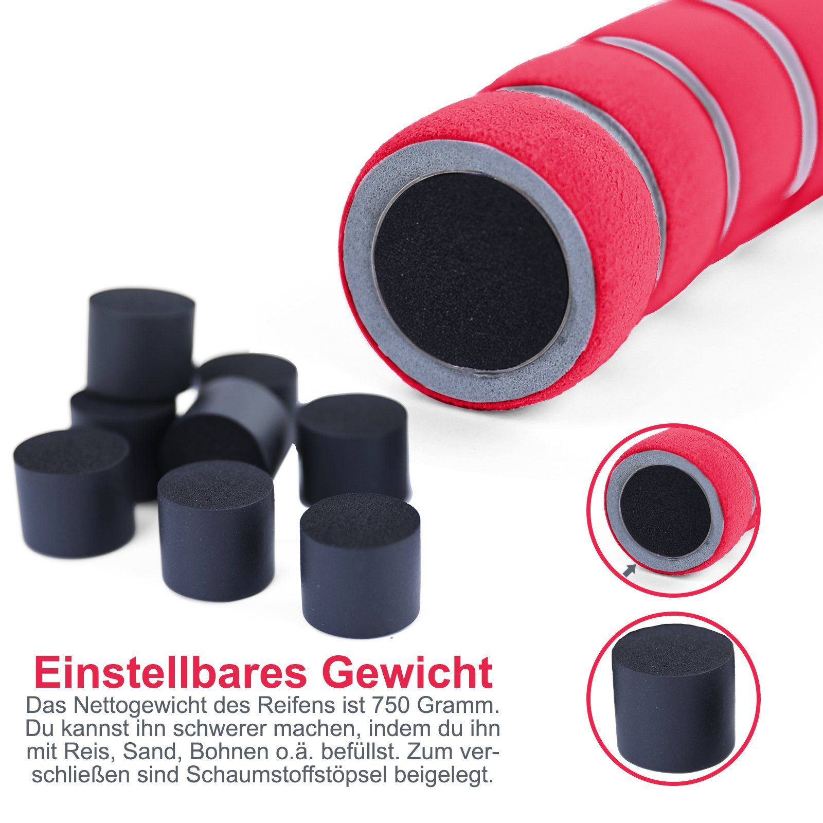RAMROXX Hula-Hoop-Reifen Hula Hoop Fitness 8 Teile Rot gepolstert Grau Edelstahl Reifen befüllbar