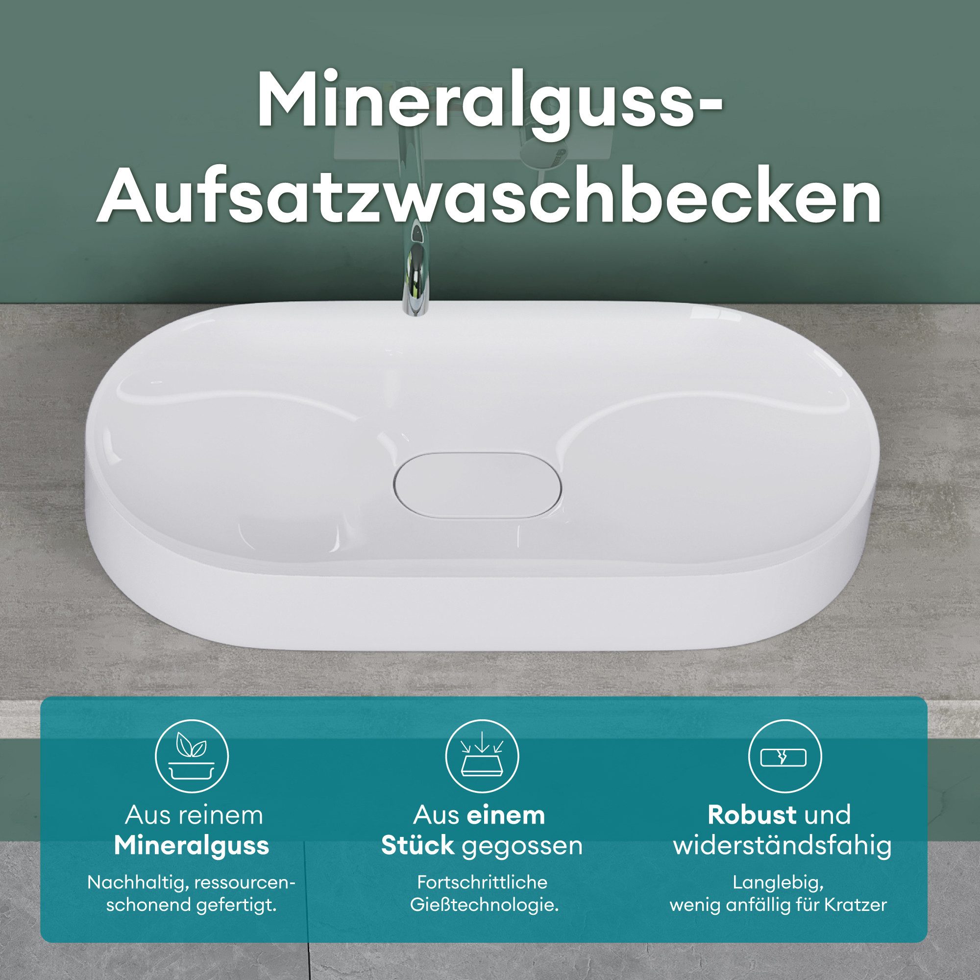 Mai & Mai Aufsatzwaschbecken Waschschale Oval Versteckter Abfluss Nano-Versiegelung DIN Col826, Aufsatzwaschbecken aus reinem Mineralguss
