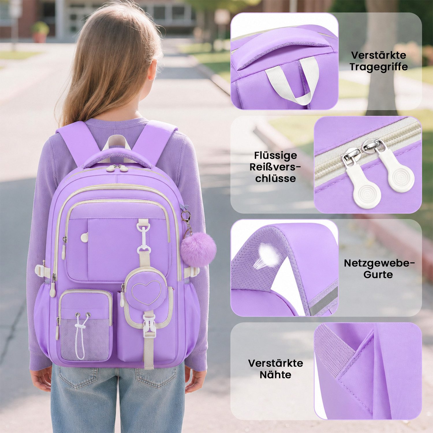 MOPUEA Schulrucksack Schultasche Mädchen Teenager Kawaii 23 L für 3.-7. Klasse (Schulrucksack-Set mit Lunch Tasche und Federmäppchen, 4-tlg., Mit Schulrucksack Lunch Tasche Federmäppchen und Geldbörse), Leicht Wasserabweisend Großes Fassungsvermögen Ergonomisch